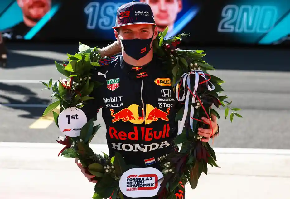 Max Verstappen celebrates his victory in the sprint qualifying race at Silverstone. Photograph: Mark Thompson/Getty Images